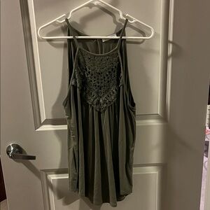 Women’s Crochet Yoke Halter Tank Top - Olive Green